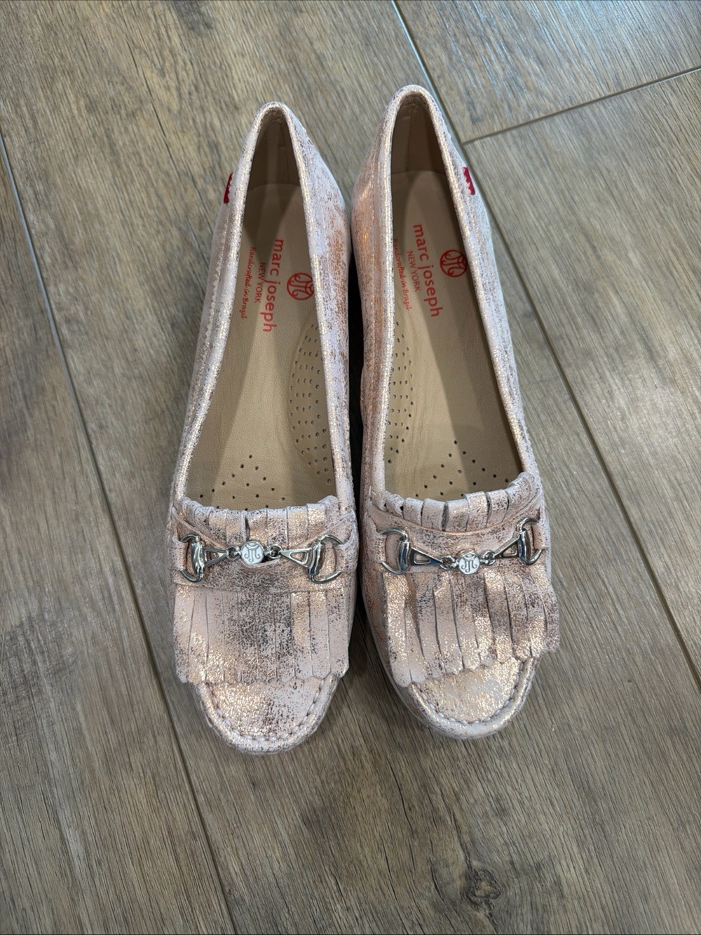 Marc Joseph Rose Gold Metallic Fringe Loafers